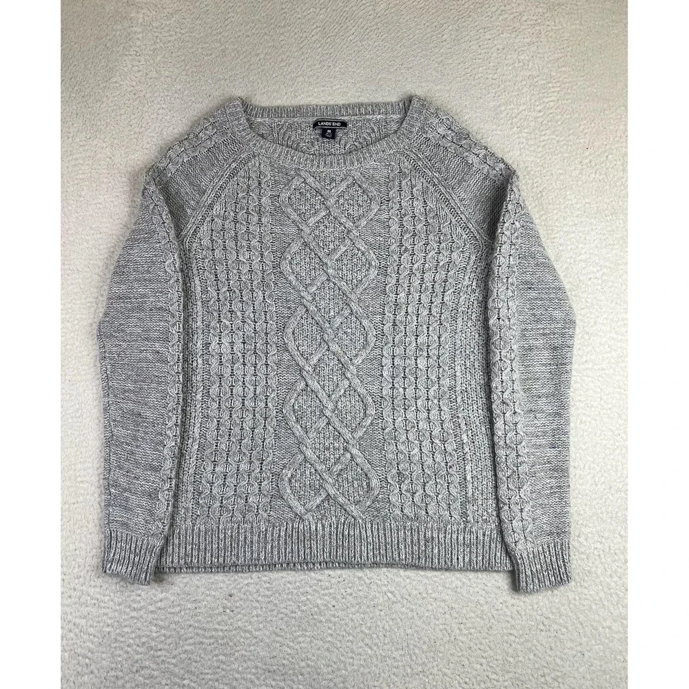 Lands' End Womens Gray Cable Knit Wool Blend Crewneck Pullover Sweater Medium
